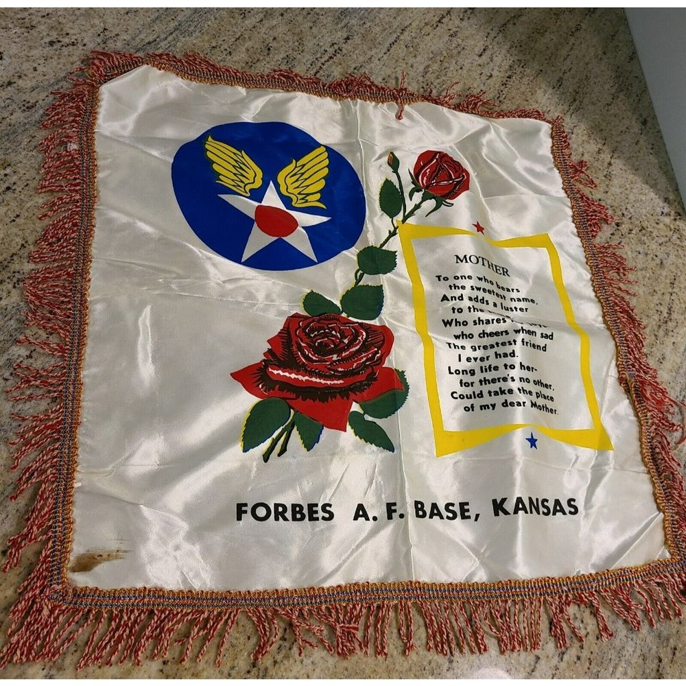 Vtg. Forbes Air Force Base Kansas Souvenir Dear Mother Satin Pillow Case